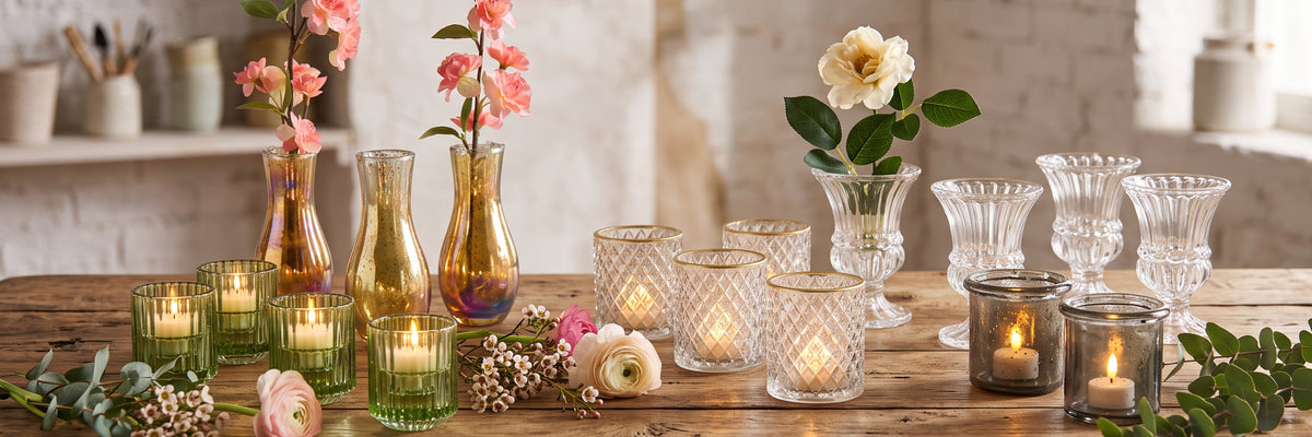 A styled tabletop arrangement of multiple glass candle holders and vases with lit candles, flowers, and greenery on a rustic wooden table in a softly blurred indoor setting.