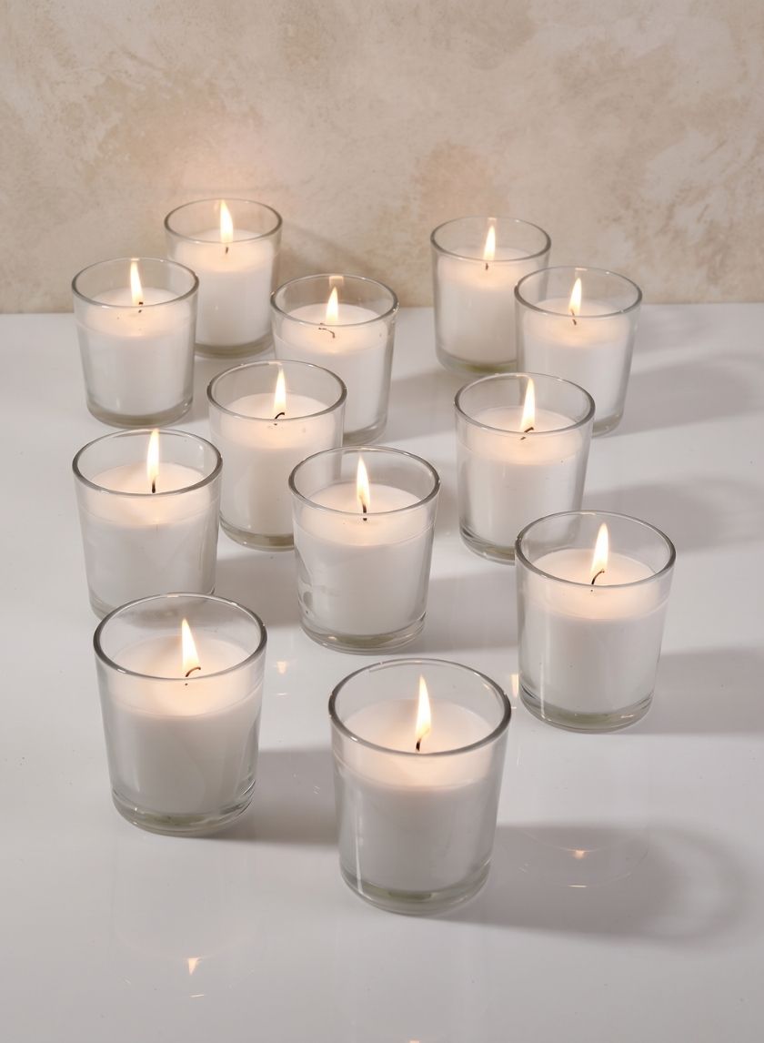 3in Tall White Votives In Clear Glass, 24-Hour, Set of 12 Decor Jamali Garden