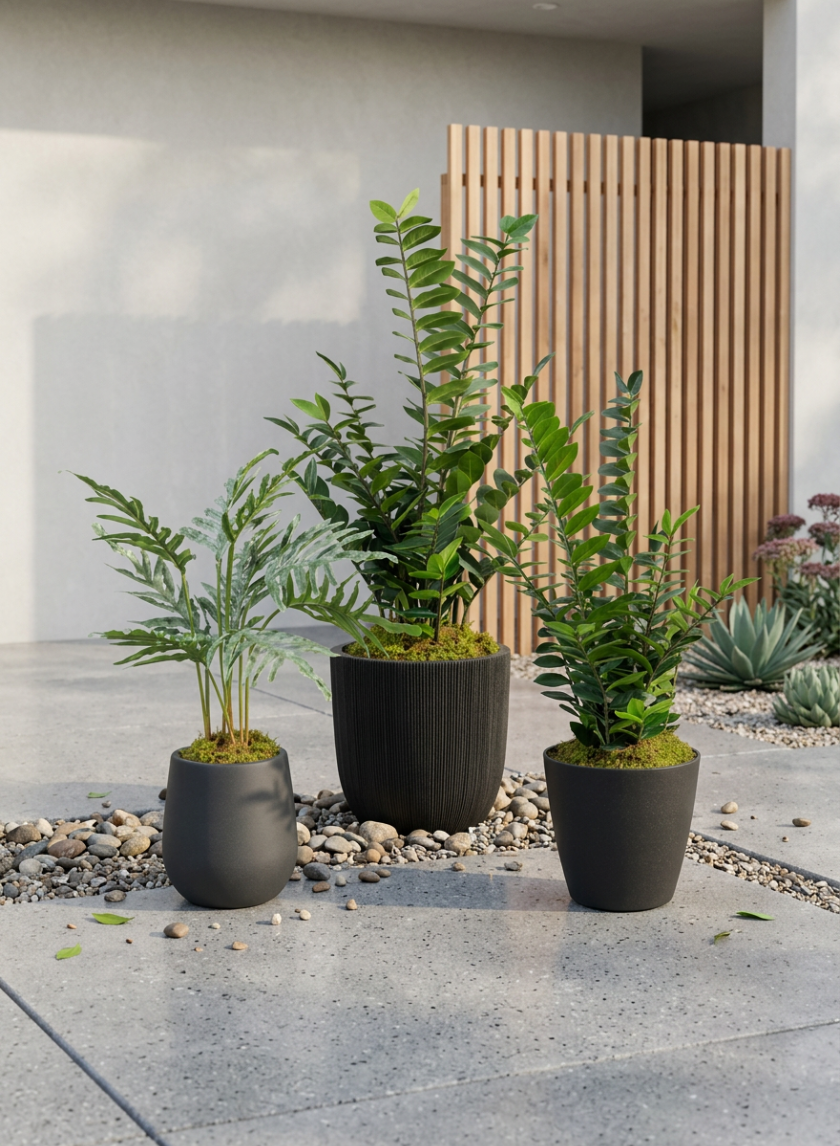 Three potted plants in Palermo Black Real Look PVC Light Weight Bell Planters sit on a pebbled patio before a wooden slat screen, adding greenery and modern style to the minimalist outdoor space.