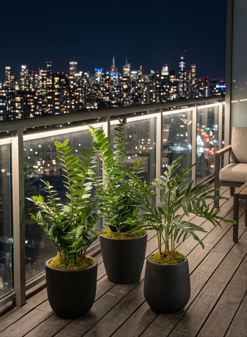 Three green plants in Palermo Black Real Look PVC Light Weight Bell Planters sit on a wooden balcony with glass railings at night, overlooking a brightly lit city skyline.