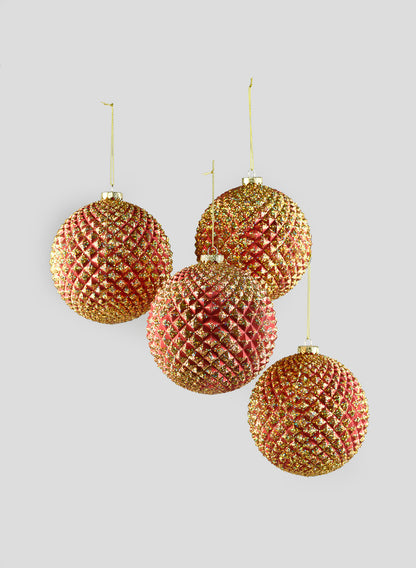 5in Round Red/Gold Durian Glitter Plastic Ball, Set of 4 Decor Jamali Garden