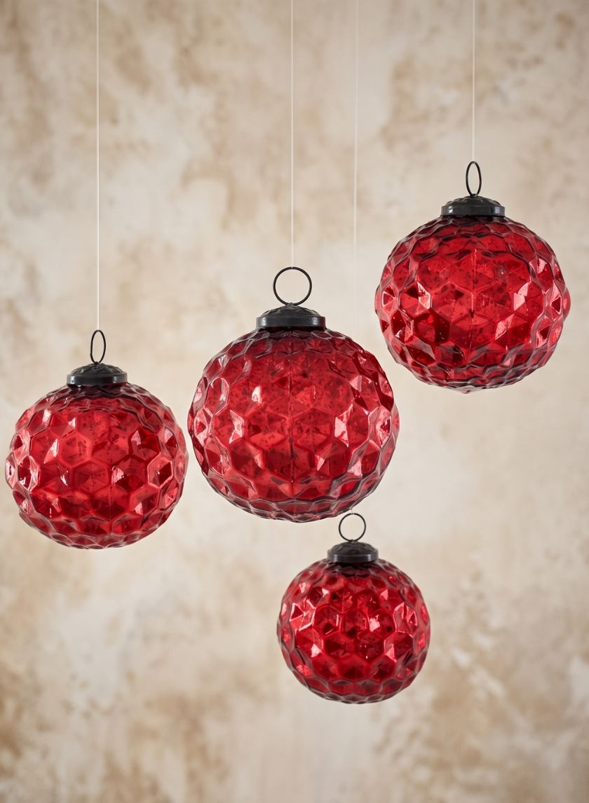 4in Round Red Diamond Dimple Glass Ball Ornament Decor Jamali Garden