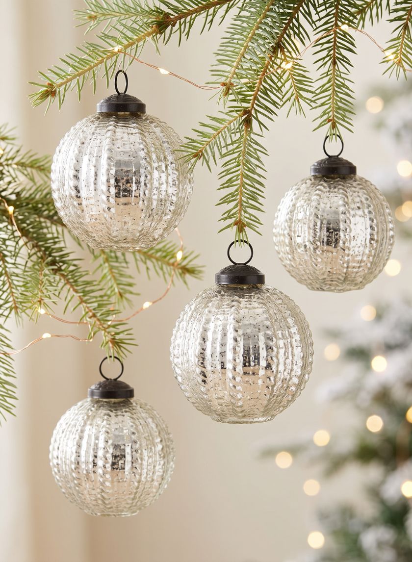 3in Round Silver Beaded Glass Ornament Ball, Set of 9 Decor Jamali Garden