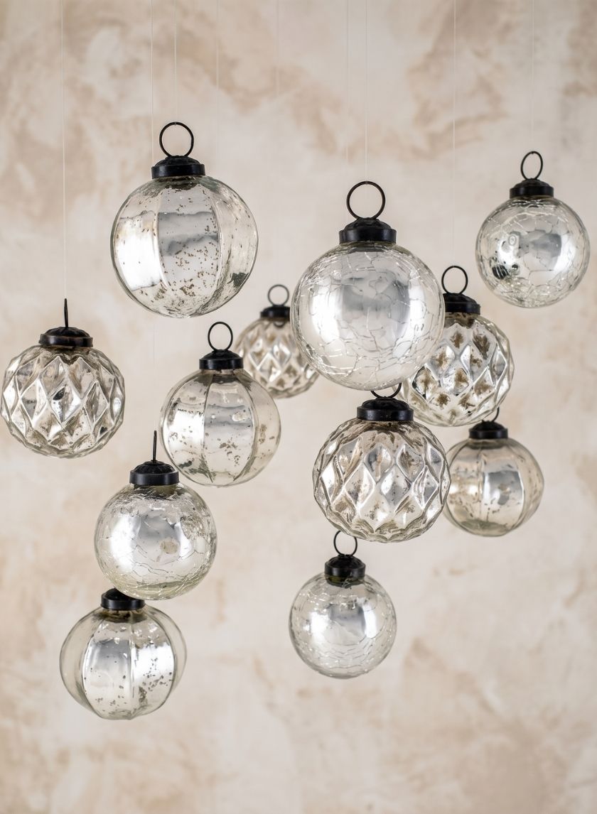2.5in Wide Silver Mercury Glass Ornaments Decor Jamali Garden