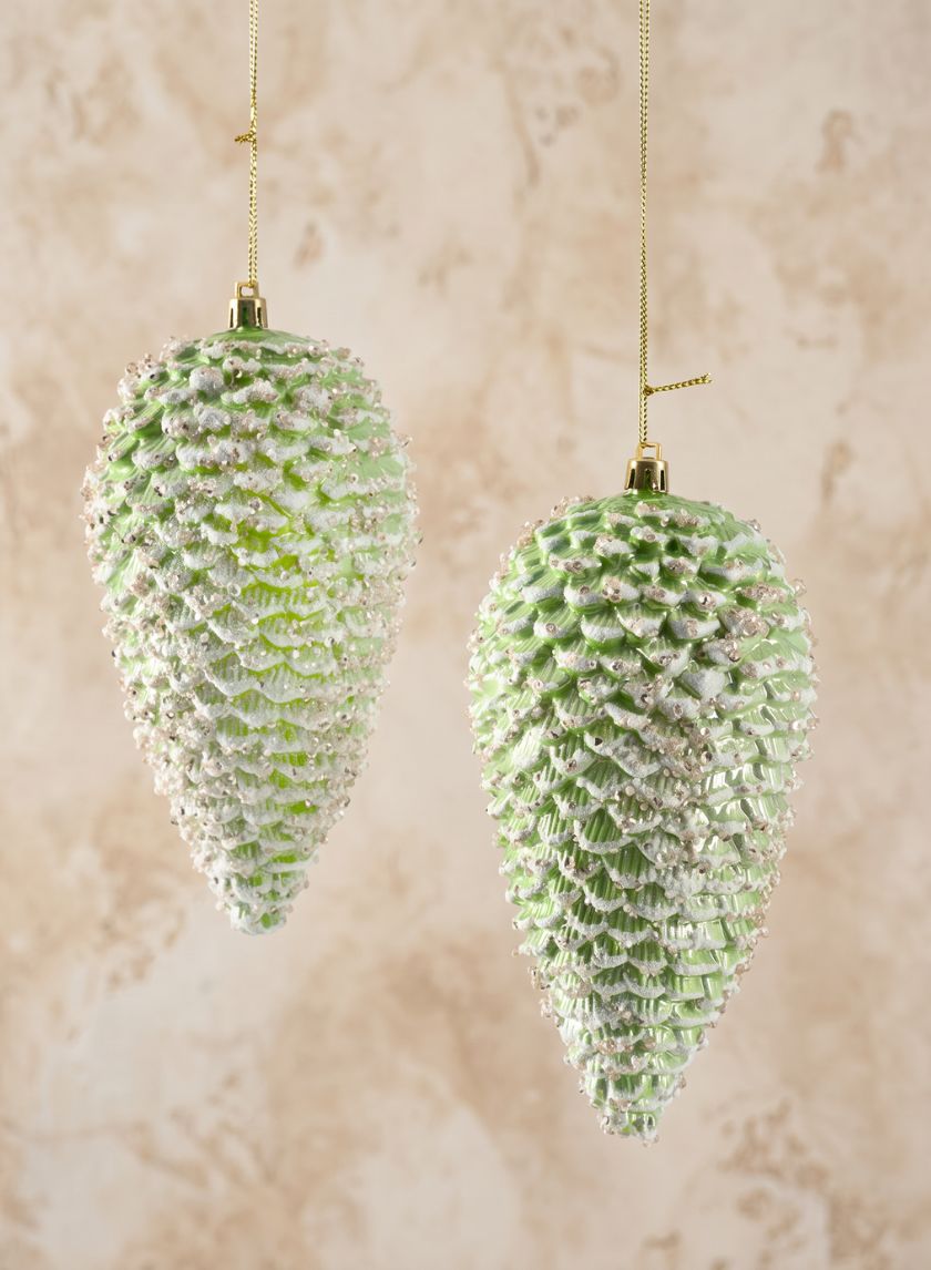 7in Long Glittered Green Tone Pine Cone, Set of 2 Decor Jamali Garden