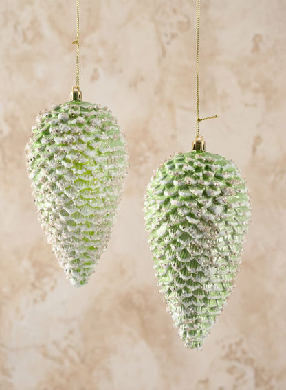7in Long Glittered Green Tone Pine Cone, Set of 2 Decor Jamali Garden