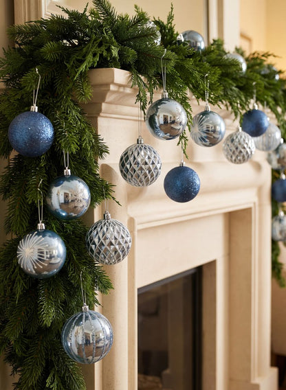3in Round Blue-Grey Luxe Plastic Ornament Collection, Set of 16 Decor Jamali Garden