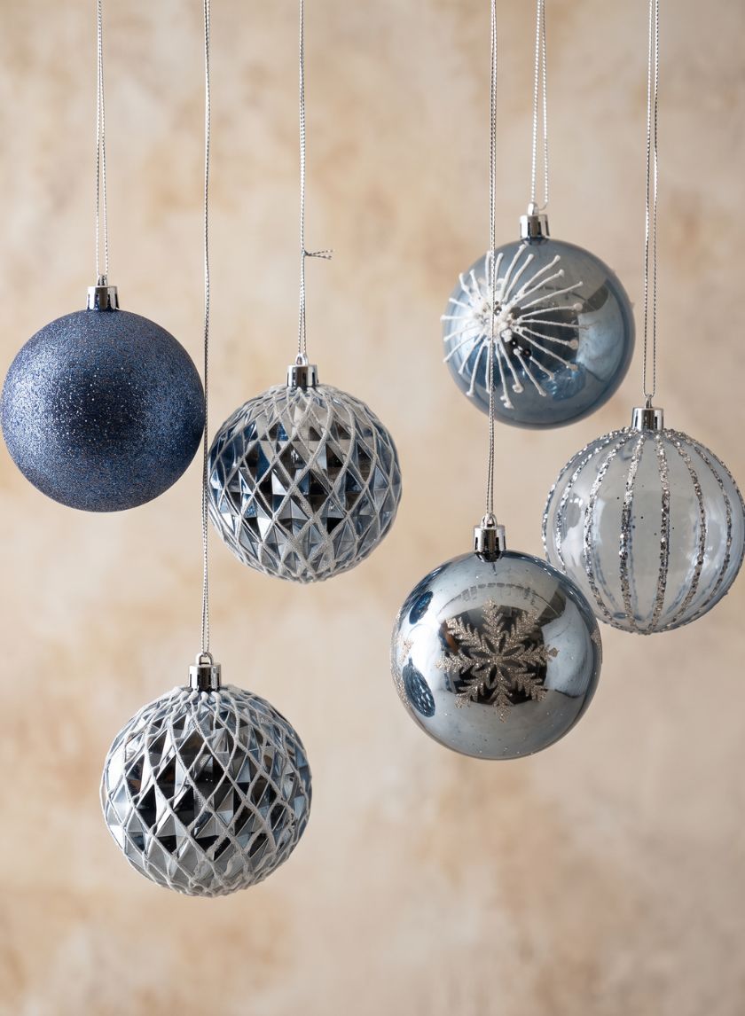 3in Round Blue-Grey Luxe Plastic Ornament Collection, Set of 16 Decor Jamali Garden