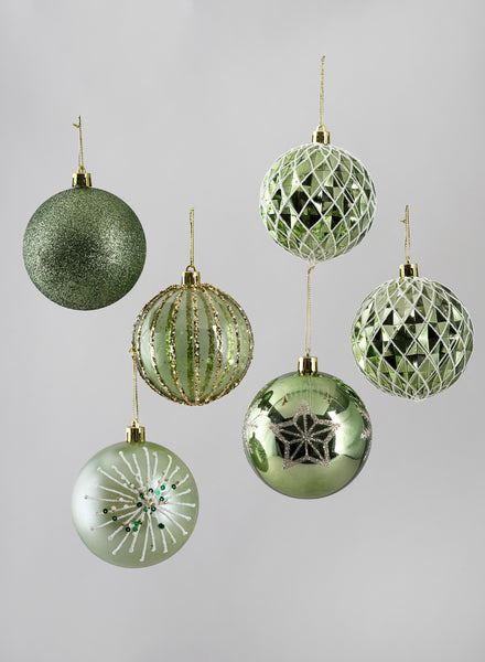 3in Round Celadon Green Luxe Plastic Ornament Collection, Set of