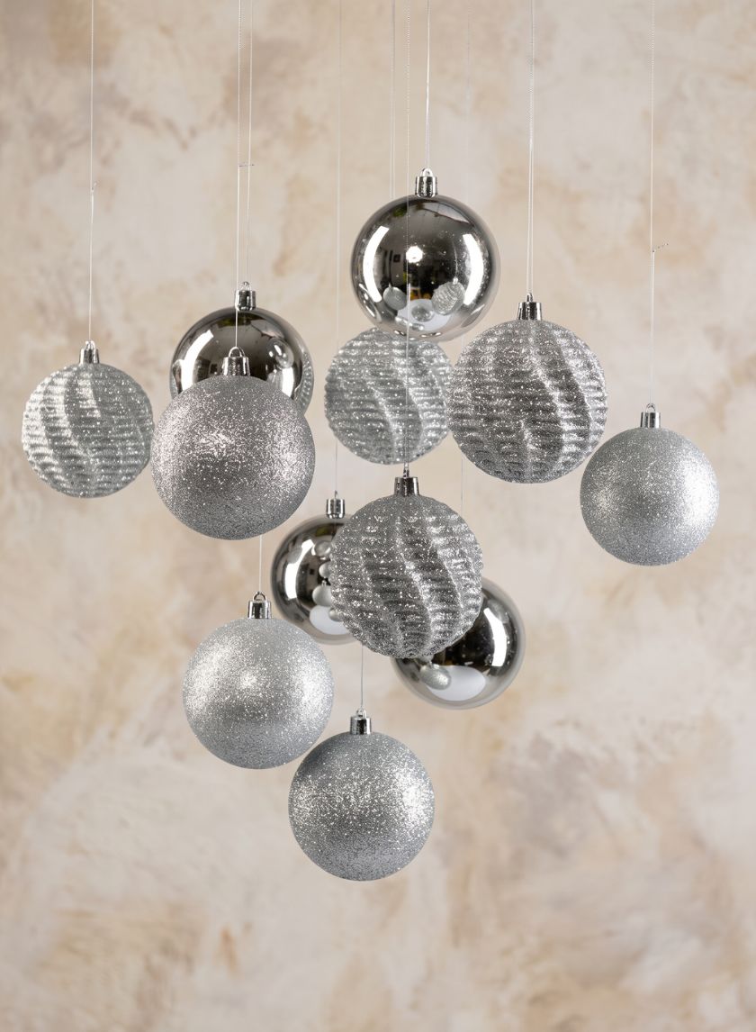 3in Wide Assorted Silver Plastic Ornaments, Set of 12 Decor Jamali Garden