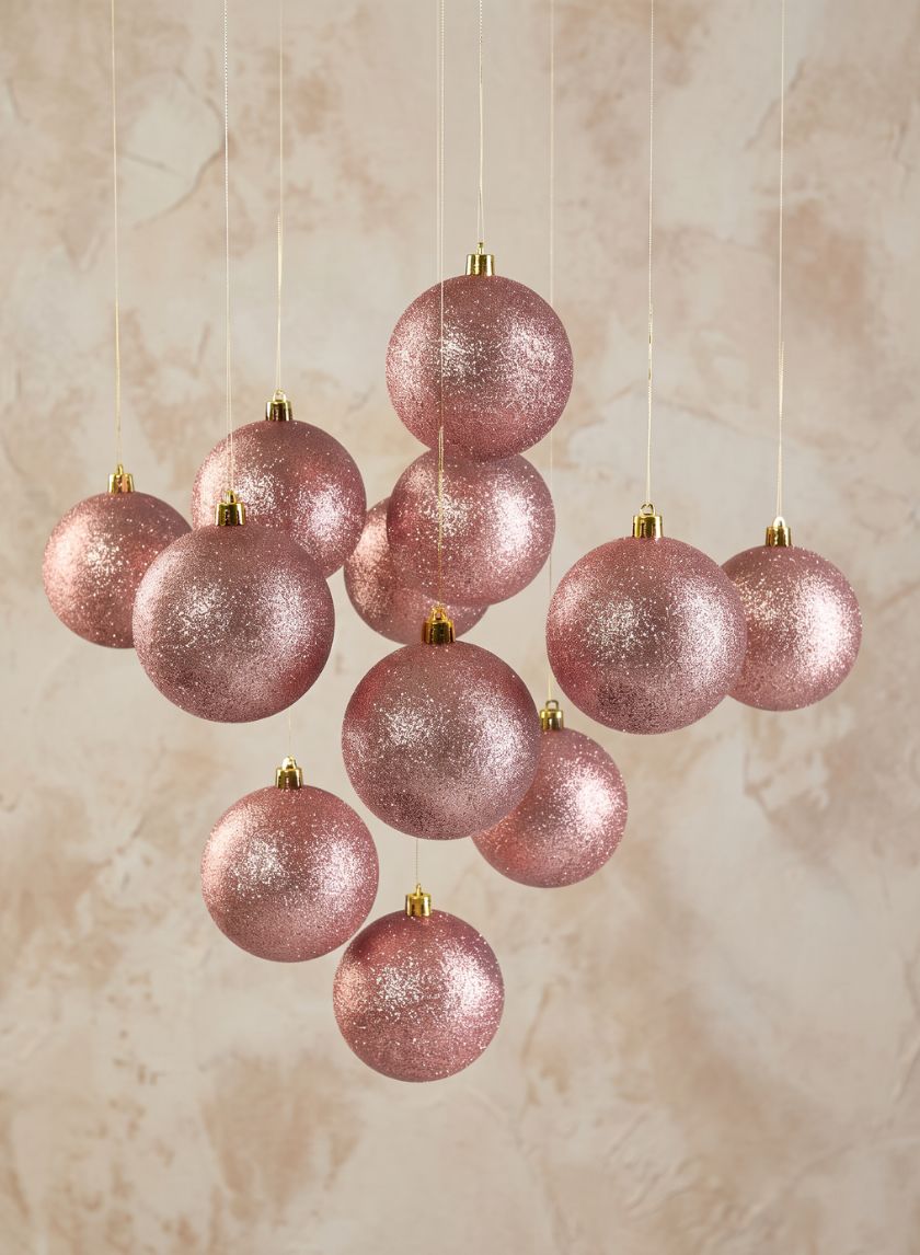 3in Round Rose Gold Glitter Ball Plastic Ornament, Set of 12 Decor Jamali Garden