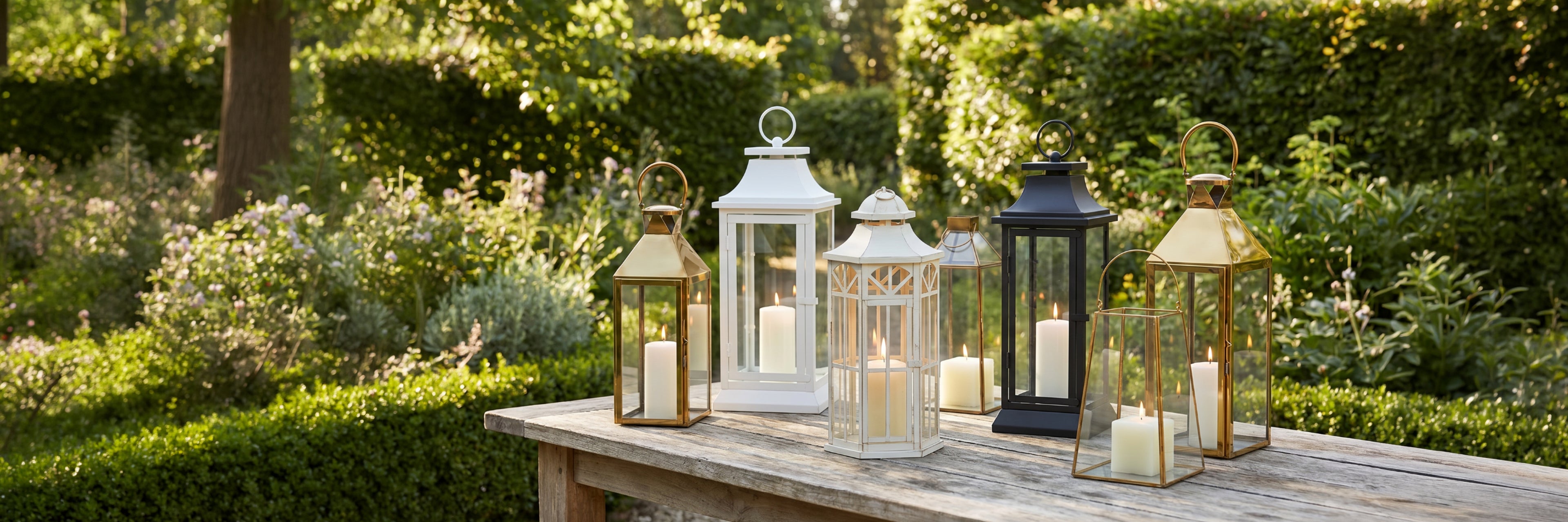 Decorative lanterns on a wooden table in a garden setting
