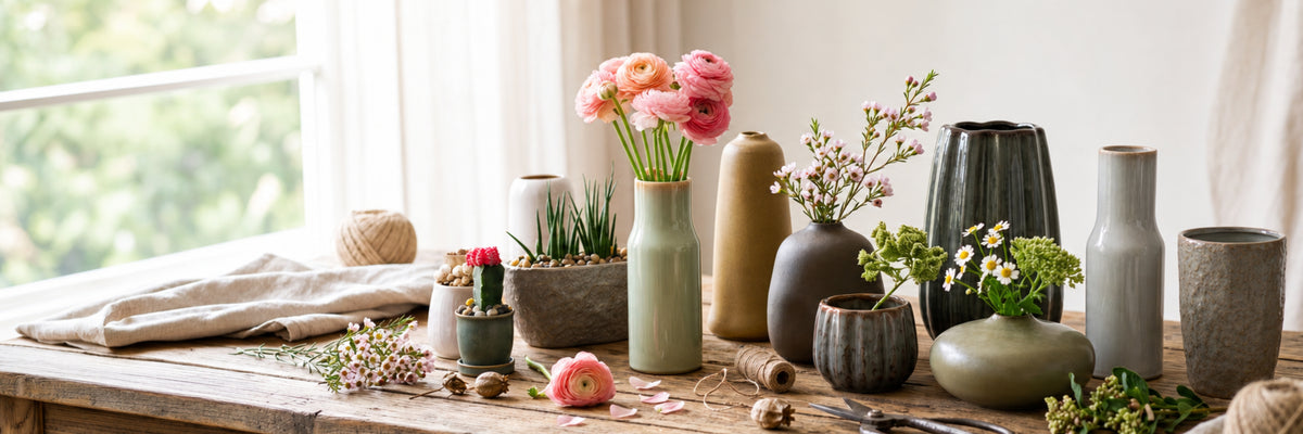 A collection of matte ceramic vases in various shapes and muted earthy colors, styled with flowers and greenery on a rustic wooden table in a bright, softly lit room.