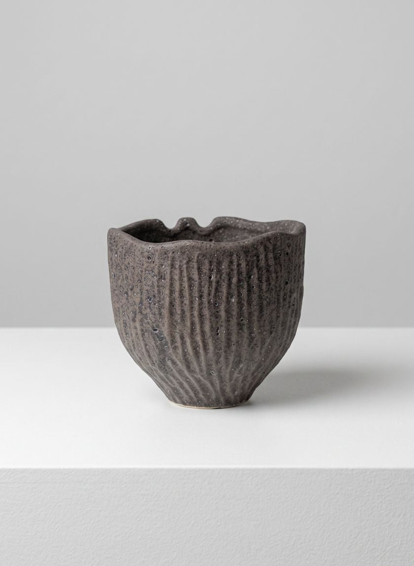 6in Wide Boheme Ridged Black Lava Ceramic Cachepot, Case of 6 Decor Jamali Garden