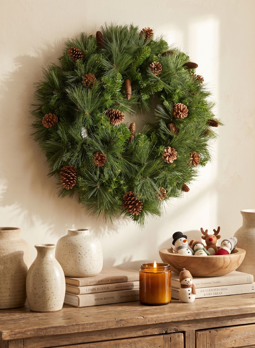 32in Wide Hard Needle Wreath, 24 Pinecones, 240 Tips Decor Jamali Garden