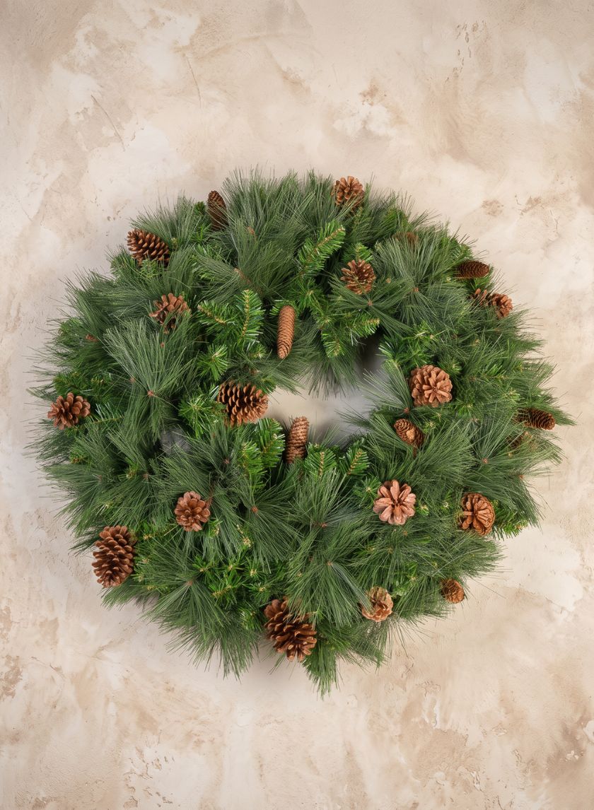 32in Wide Hard Needle Wreath, 24 Pinecones, 240 Tips Decor Jamali Garden
