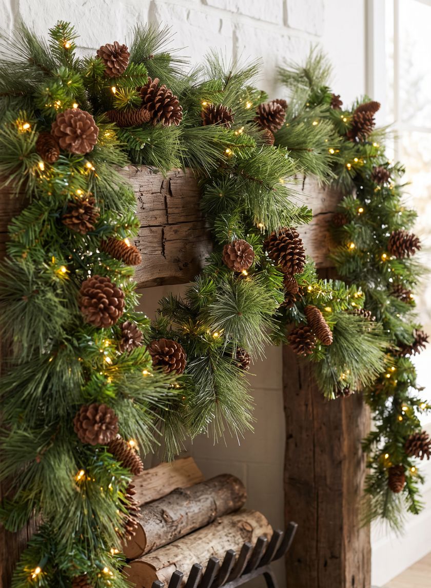 115in Long Hard Needle Garland, 35 Pinecones, 195 tips With Warm White Decor Jamali Garden