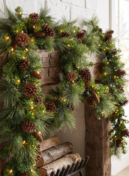 115in Long Hard Needle Garland, 35 Pinecones, 195 tips With Warm White Decor Jamali Garden