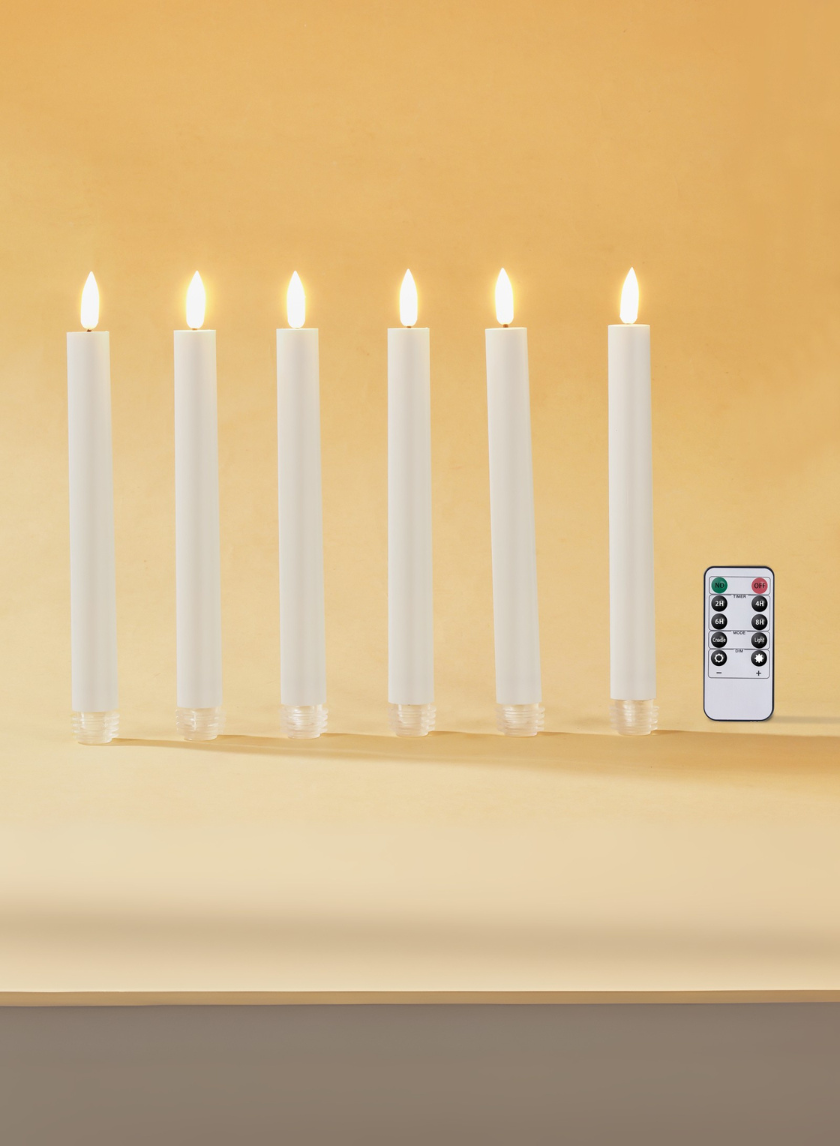 9in Tall White Taper Candles with Remote, Set of 6 Decor Jamali Garden