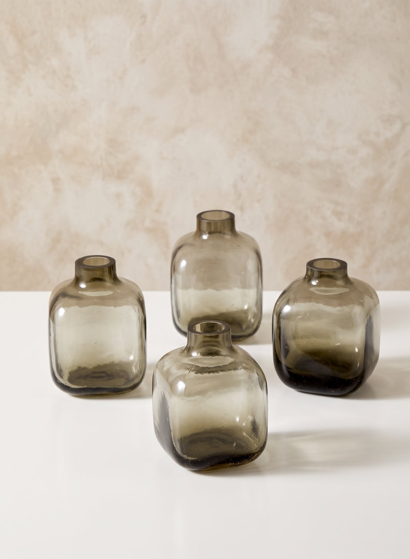 3in Tall Square Smoke Glass Bud Vase, Small, Set of 4 Decor Jamali Garden