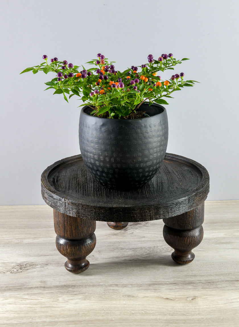 black plant pot with wooden stand 14in Wide Banjara Reclaimed Look Black Rugged Wood Stand