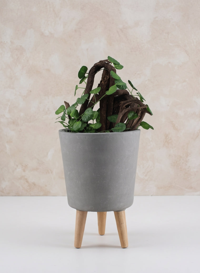 14.5in Tall Vaso Grey Ceramic Pot With Wood Legs Decor Jamali Garden