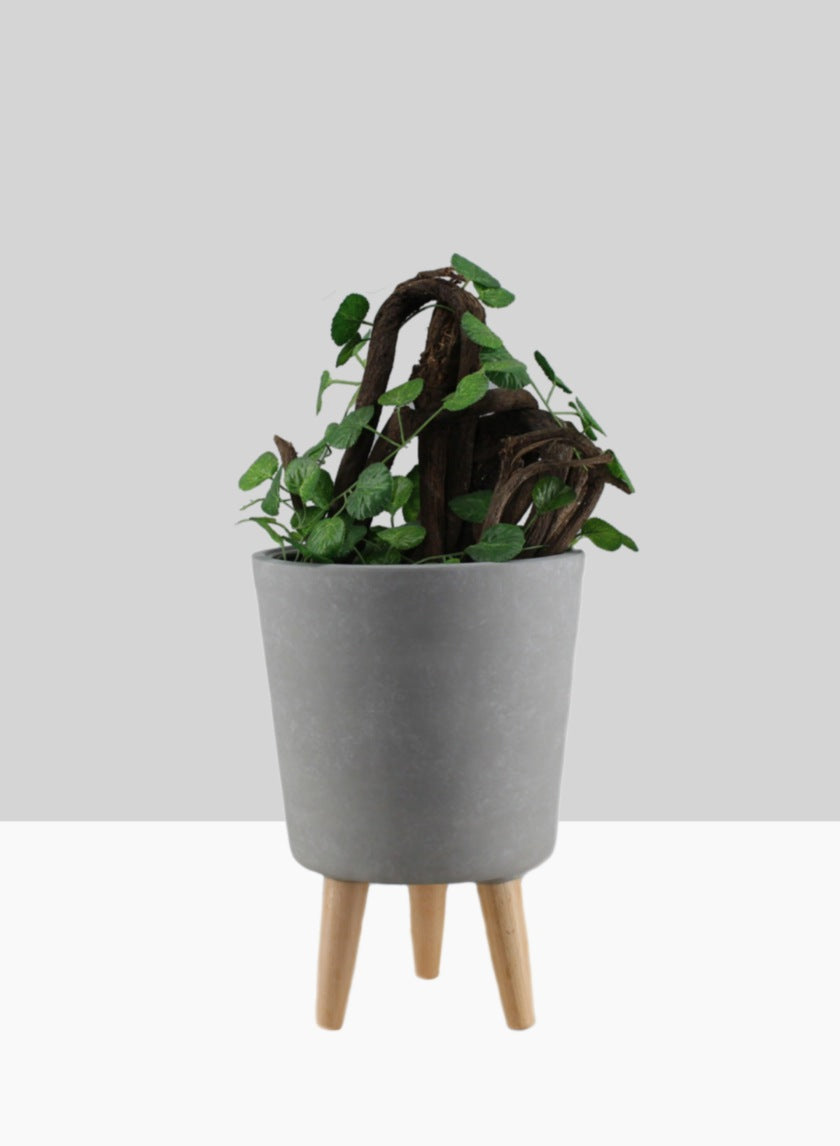 ceramic plant pot with legs 14.5in Tall Vaso Grey Ceramic Pot With Wood Legs – Jamali Garden
