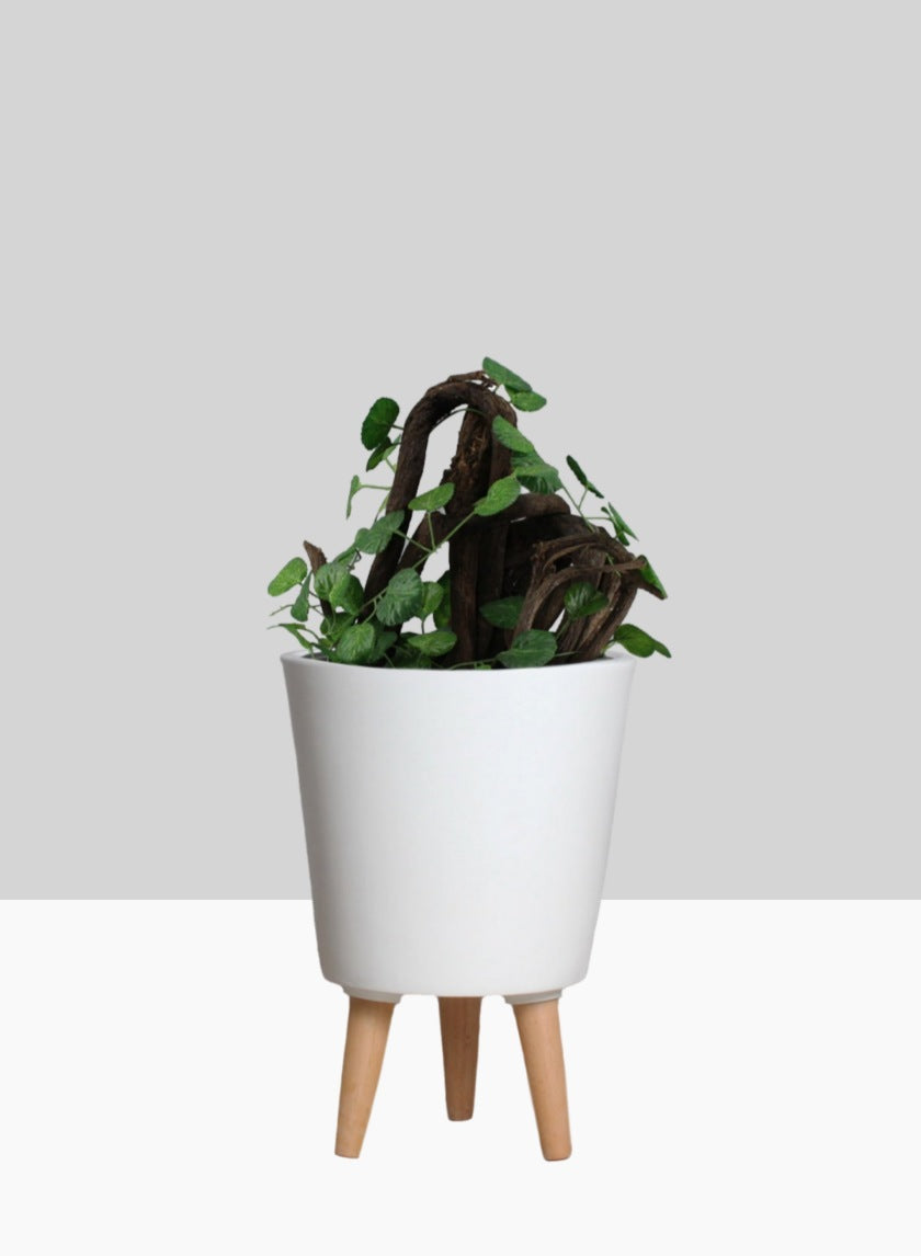matte white planter pot 14.5in Tall Vaso Matte White Ceramic Pot with Wood Legs – Jamali Garden