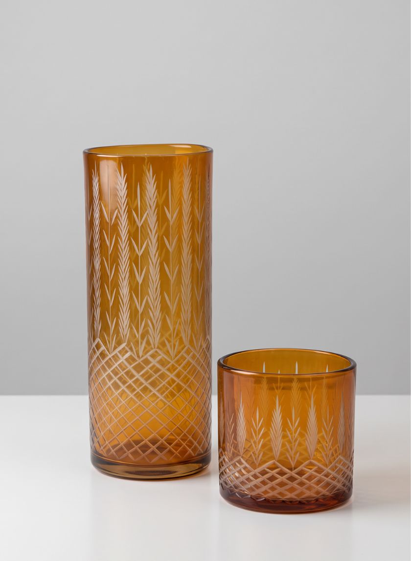 Almira Palm Amber Cut Work Cylinder Glass Candleholder