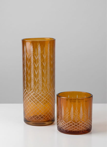 Almira Palm Amber Cut Work Cylinder Glass Candleholder
