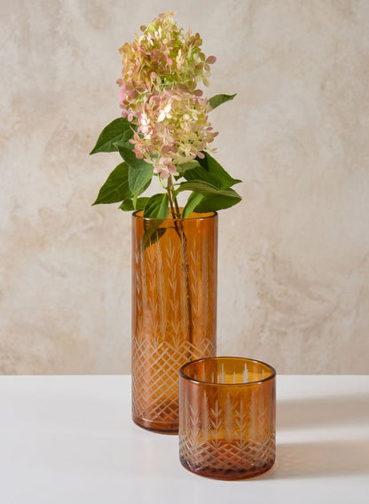 Almira Palm Amber Cut Work Cylinder Glass Candleholder