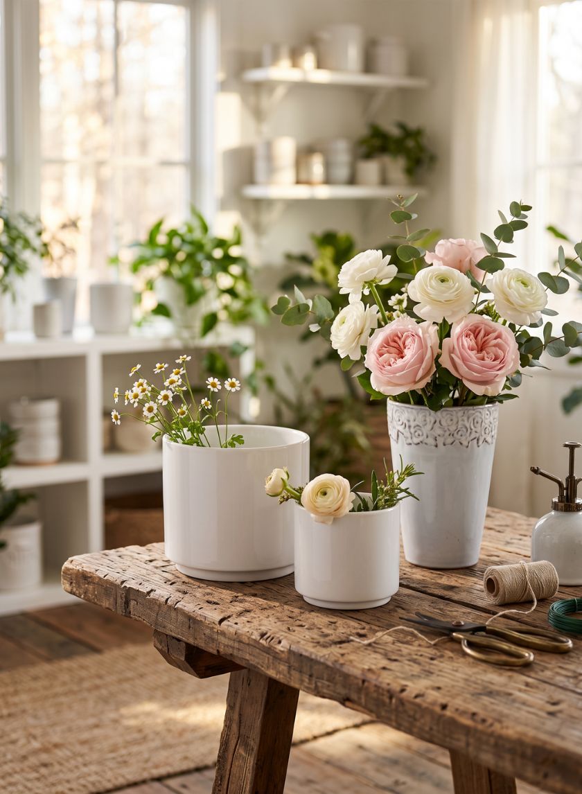 6in Tall Aurelie Rose Border Ceramic Cachepot, Set of 4 Decor Jamali Garden