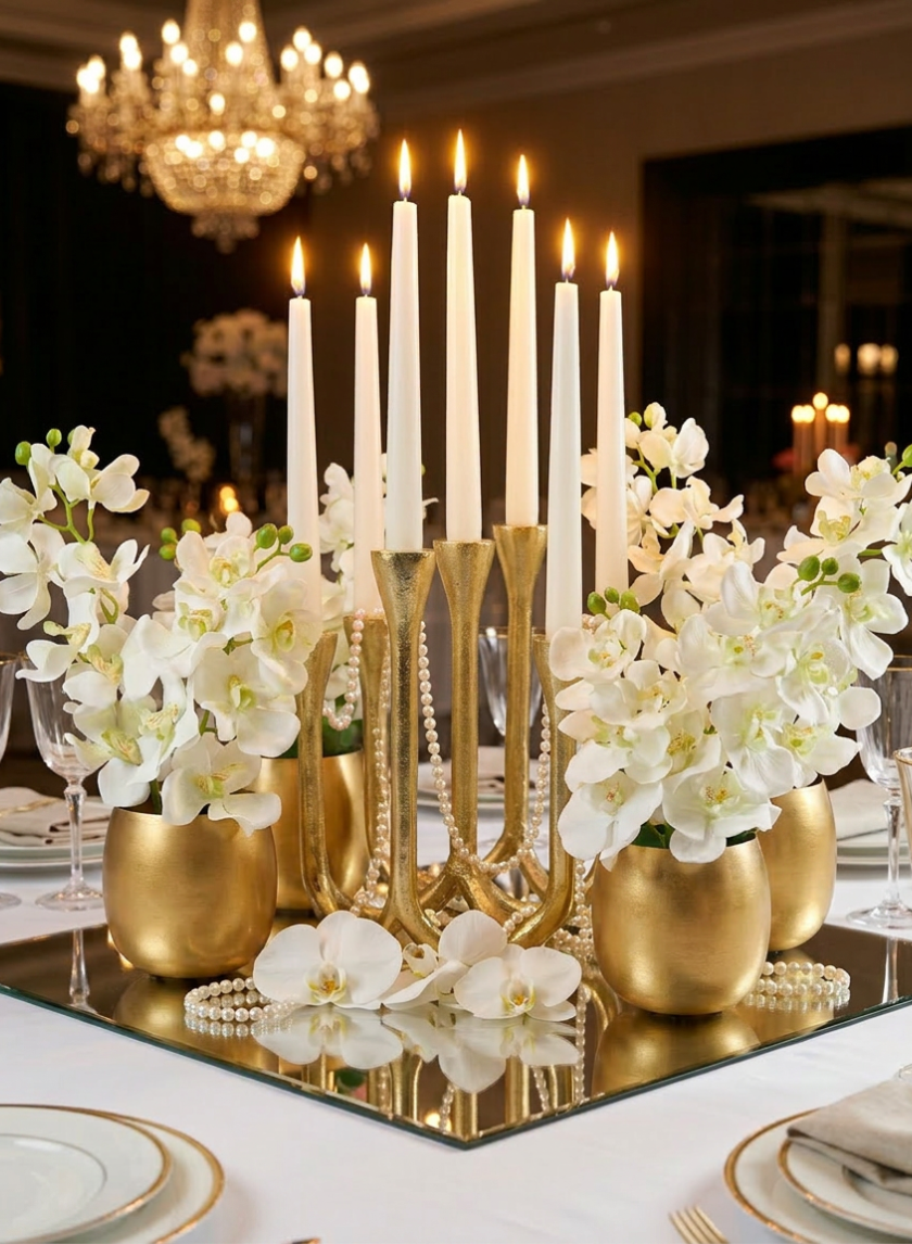 Elegant table centerpiece featuring tall white candles in a gold holder, surrounded by lush 33in Long Green Double Orchid Stems (case of 12) arranged in gold vases on a mirrored base. Chandeliers and glassware complete the luxurious wedding décor and formal setting.