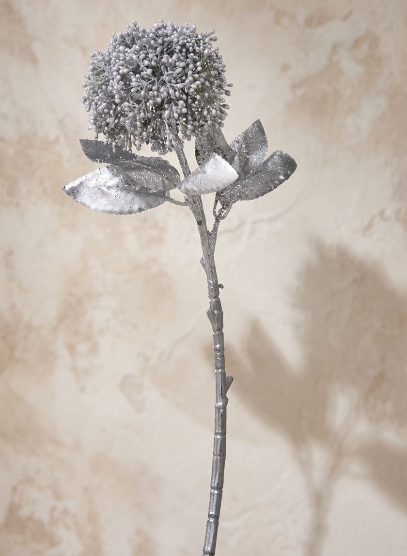 17in Long Silver Pom-Pom Flower