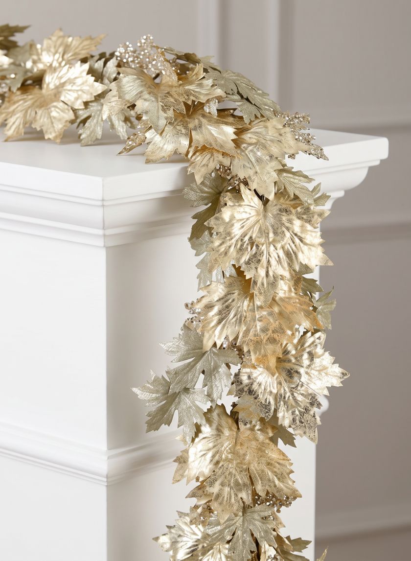 74in Long Glittered Light Gold Maple Leaf Garland Decor Jamali Garden