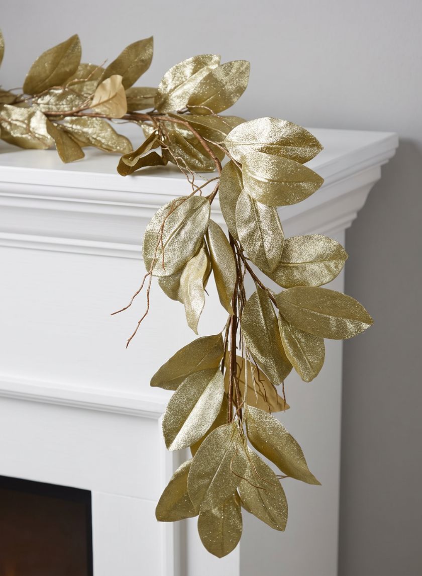 55in Long Glittered Gold Magnolia Leaf Garland, Case of 4 Decor Jamali Garden