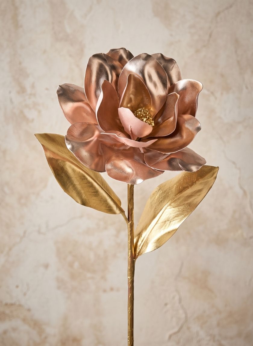 31in Long Rose Gold Magnolia With Gold Leaves, Case of 24 Decor Jamali Garden
