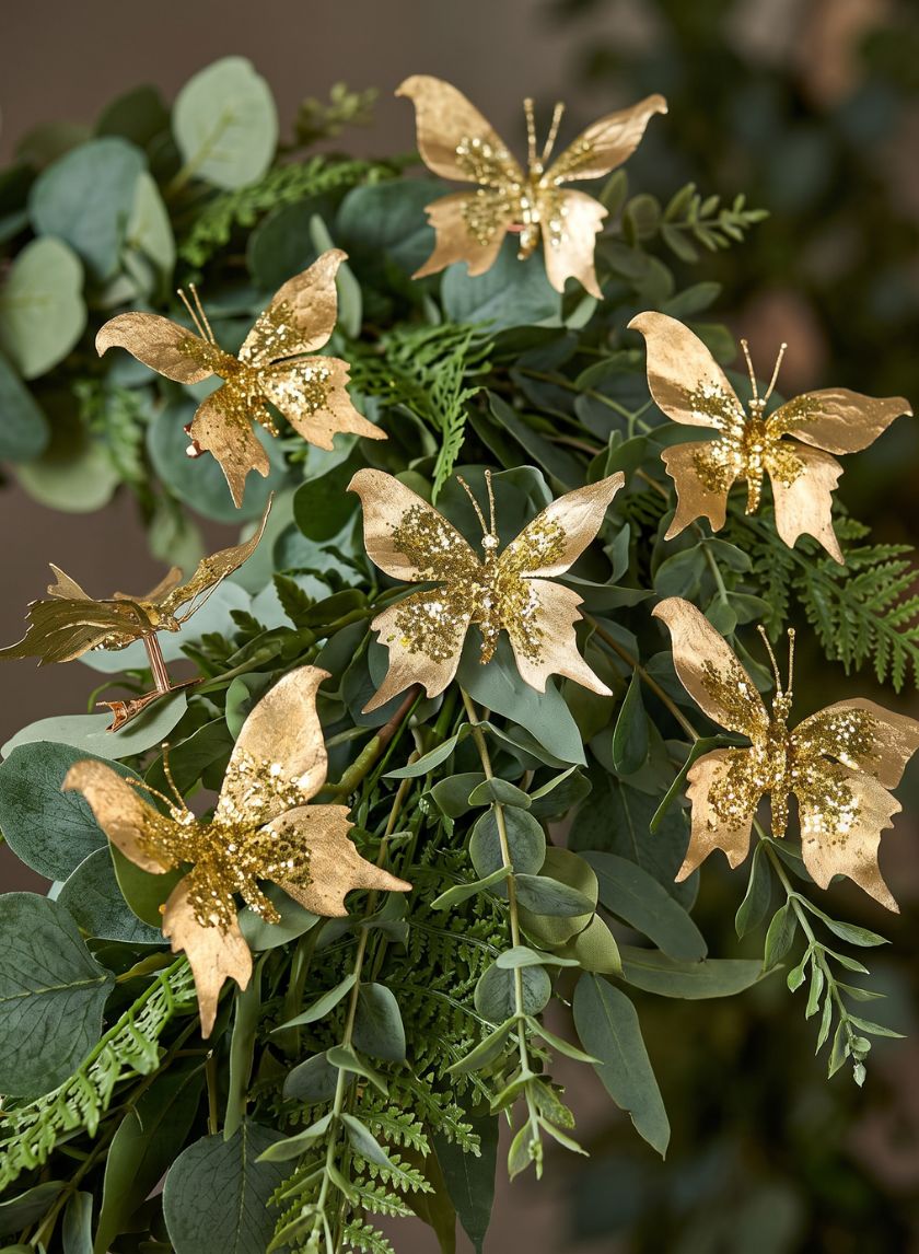 4in Long Gold Glitter Butterfly Ornament, Set of 6