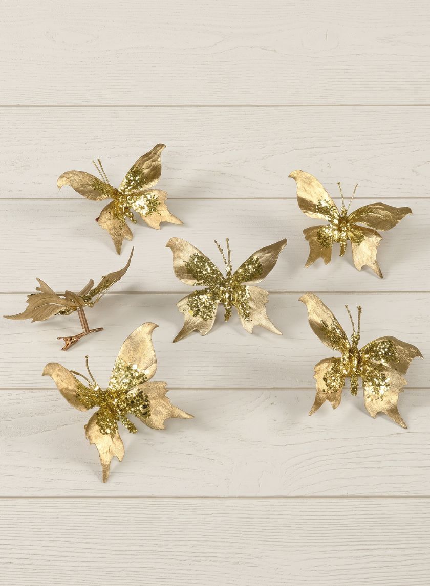 4in Long Gold Glitter Butterfly Ornament, Set of 6 Decor Jamali Garden