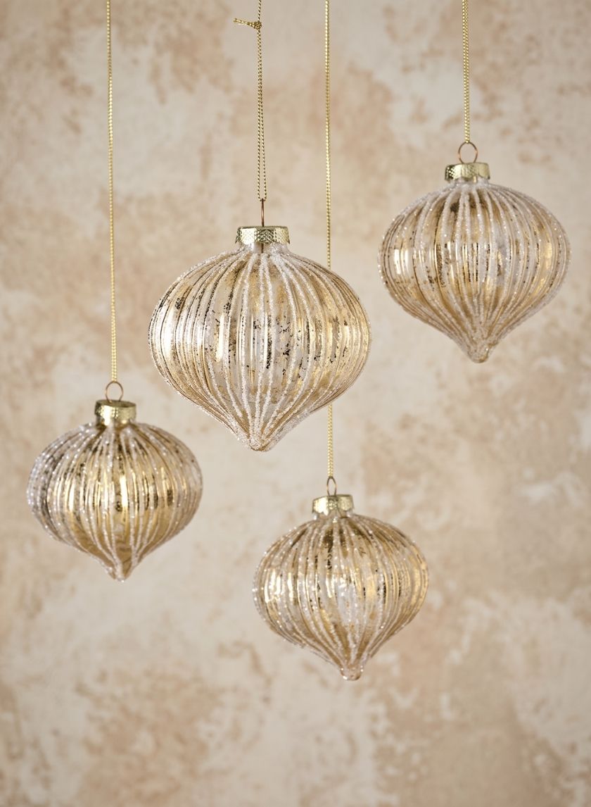 4in Wide Gold Foil &amp; Glitter Stripe Glass Ornament Onion, Set of 4 Decor Jamali Garden