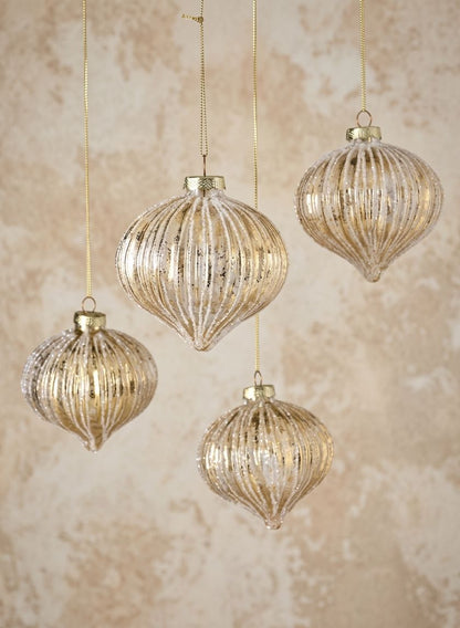 4in Wide Gold Foil &amp; Glitter Stripe Glass Ornament Onion, Set of 4 Decor Jamali Garden
