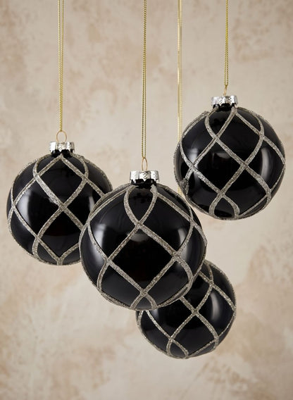 4in Round Glitter Swirl Shiny Black Glass Ornament Ball Decor Jamali Garden