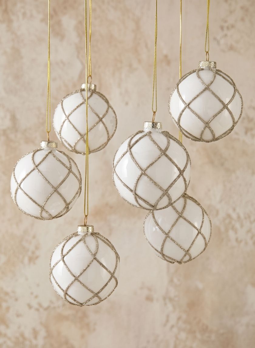 3in Round Glitter Swirl White Glass Ornament Ball, Set of 6 Decor Jamali Garden