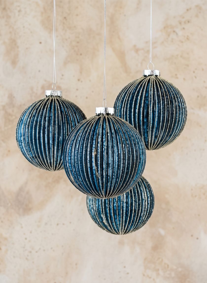 4in Round Blue Pleated Glass Ball With Gold Glitter Decor Jamali Garden