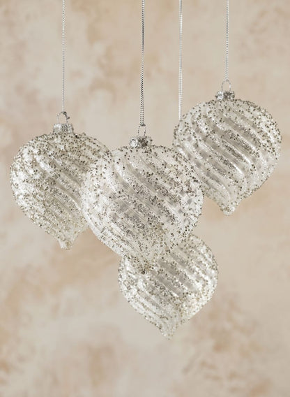 4in Wide Ice Glitter Onion Glass Ornament, Set of 4 Decor Jamali Garden