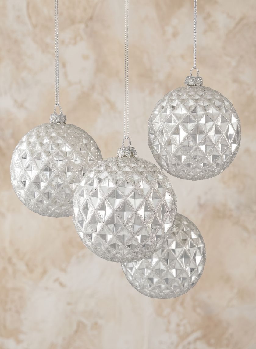 4in Round Glitter Silver Vine Glass Ball Ornament, Set of 4 Decor Jamali Garden
