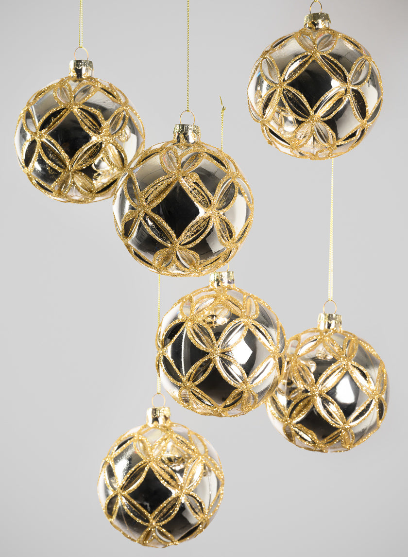 3in Round Gold Lined Shiny Silver Baroque Glass Ornament, Set of 6 Decor Jamali Garden