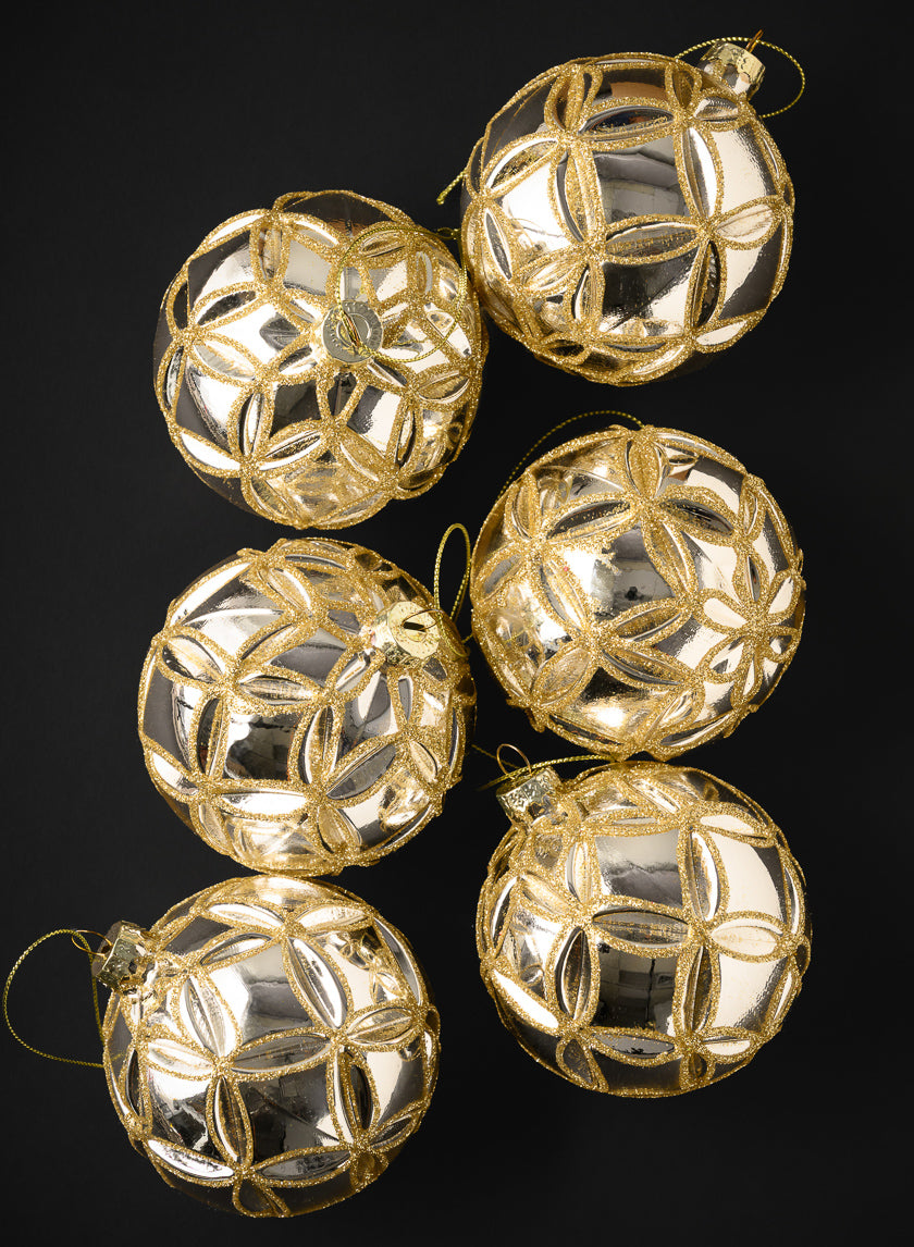 3in Round Gold Lined Shiny Silver Baroque Glass Ornament, Set of 6 Decor Jamali Garden