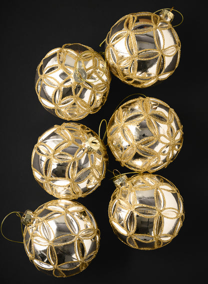 3in Round Gold Lined Shiny Silver Baroque Glass Ornament, Set of 6 Decor Jamali Garden