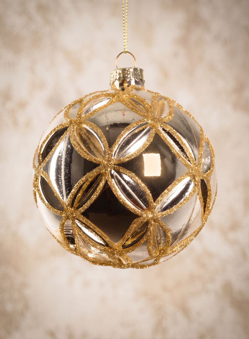 3in Round Gold Lined Shiny Silver Baroque Glass Ornament, Set of 6 Decor Jamali Garden